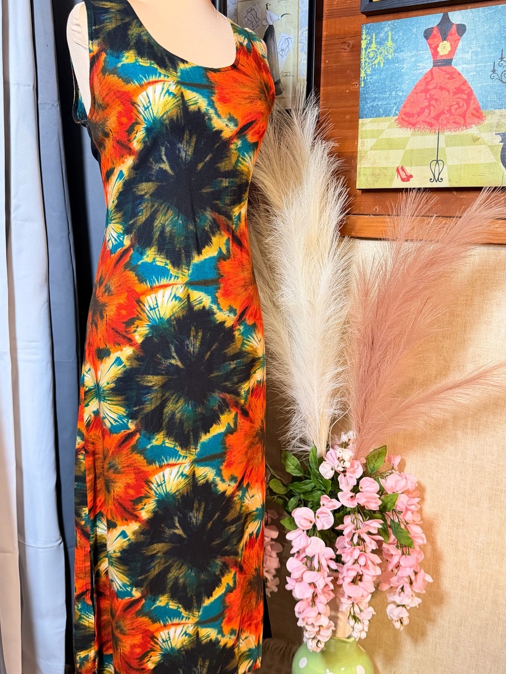 Vintage 100% Rayon Hand Wash Tie Dye Vibrant Orange Red Top Dress - Picture 4 of 8